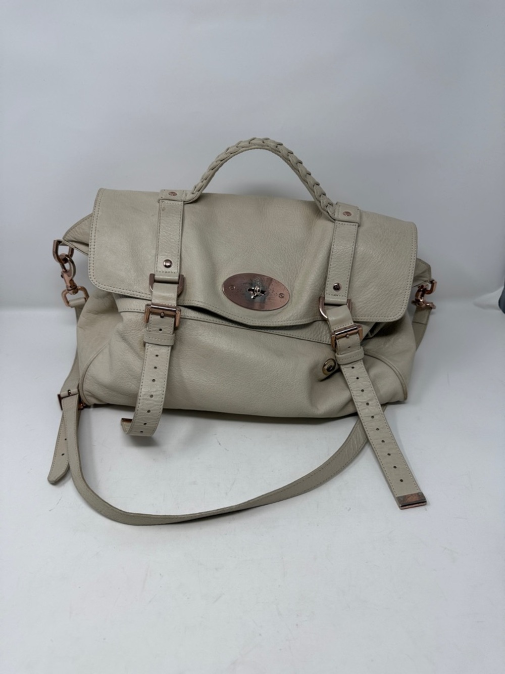 Mulberry Cream Leather Satchel Purse Braided Handle Turn Lock Quiet Luxury Boho